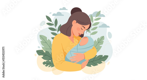Adobe illustrator artwork vector illustration of a mother hugging her baby. A tender moment of love, connection, and bonding between a mom and her newborn. A gentle concept of happy motherhood.