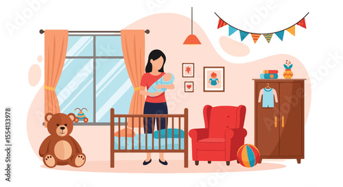 Adobe illustrator artwork vector illustration of a mother holding her baby next to the crib. A loving parenting scene in a cozy, decorated nursery room. Concept of motherhood and infant care.