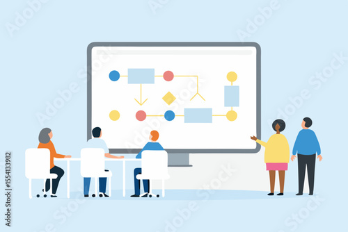 Team Meeting Reviewing Workflow Process Diagram on Large Screen