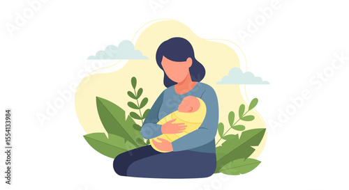 Adobe illustrator artwork vector illustration of a mother hugging her baby. A tender moment of love, connection, and bonding between a mom and her newborn. A gentle concept of happy motherhood.