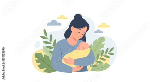 Adobe illustrator artwork vector illustration of a mother hugging her baby. A tender moment of love, connection, and bonding between a mom and her newborn. A gentle concept of happy motherhood.