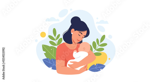 Adobe illustrator artwork vector illustration of a mother hugging her baby. A tender moment of love, connection, and bonding between a mom and her newborn. A gentle concept of happy motherhood.