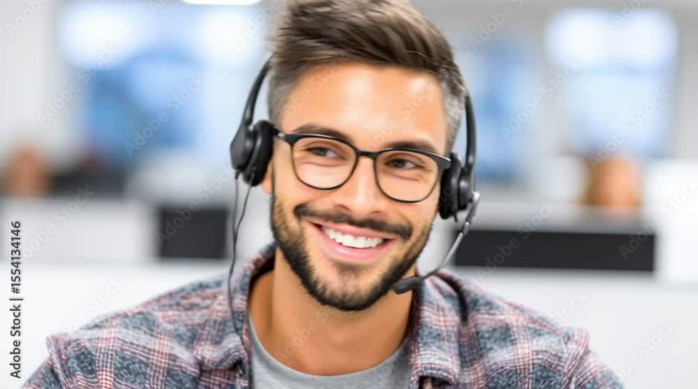 A friendly customer service representative speaks on a headset while working in a call center