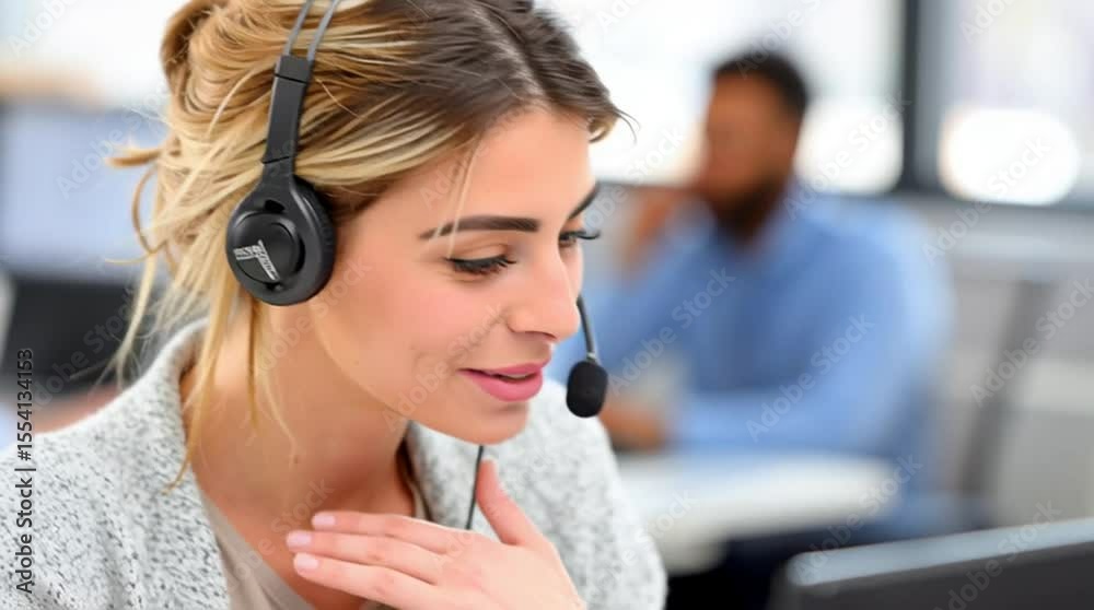 A friendly female customer service representative speaks on a headset while working in a call center