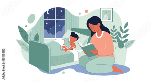 Adobe Illustrator artwork vector illustration of a peaceful mother reading a bedtime story to her sleeping child, capturing a serene night routine perfect for parenting and family themes.