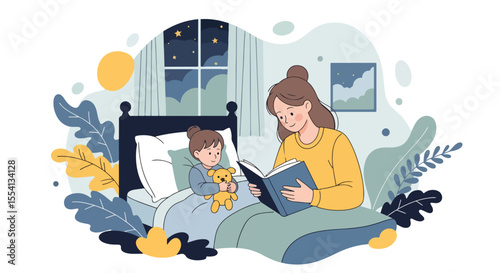 Adobe Illustrator artwork vector illustration of a peaceful mother reading a bedtime story to her sleeping child, capturing a serene night routine perfect for parenting and family themes.