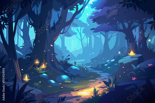 Enchanted Forest at Night with Luminescent Lights vibrant stylized illustration mystical forest night featuring glowing lights and tranquil stream fantasy forest night forest magical forest