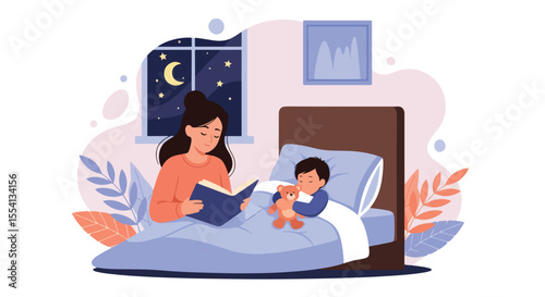Adobe Illustrator artwork vector illustration of a peaceful mother reading a bedtime story to her sleeping child, capturing a serene night routine perfect for parenting and family themes.