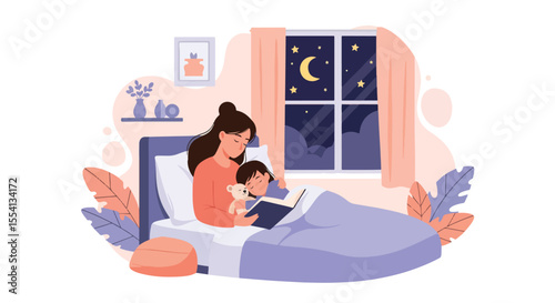 Adobe Illustrator artwork vector illustration of a peaceful mother reading a bedtime story to her sleeping child, capturing a serene night routine perfect for parenting and family themes.