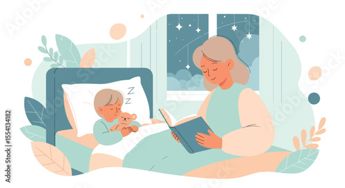 Adobe Illustrator artwork vector illustration of a peaceful mother reading a bedtime story to her sleeping child, capturing a serene night routine perfect for parenting and family themes.