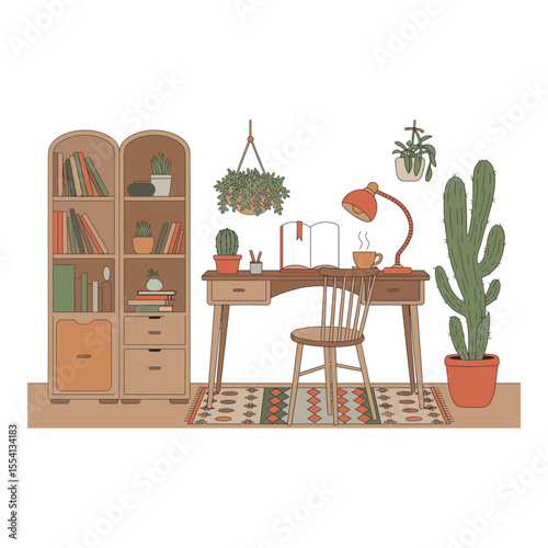 Cozy room interior with desk bookshelf and plants illustration