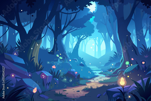 Enchanted Forest Path at Night magical forest path night lit glowing flora and mystical light fantasy forest night forest enchanted forest magical forest fairy forest