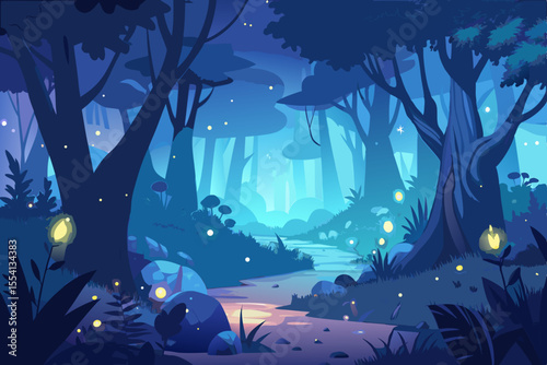 Enchanted Forest at Night with Luminescent Creatures stylized illustration mystical forest night lit bioluminescent creatures and glowing foliage forest night fantasy magical glowing luminescent trees