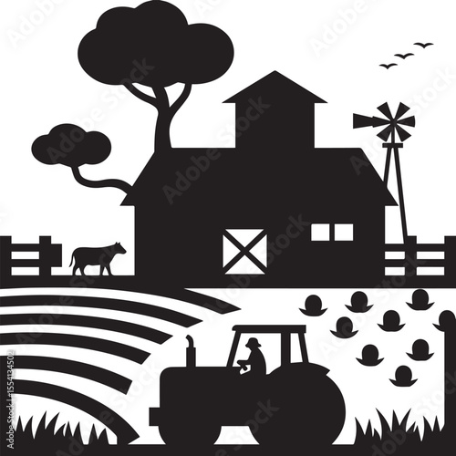 Farm scene with barn tractor windmill animals and crops Silhouette on White Background. 