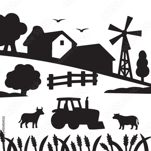 Farm scene with barn tractor windmill animals and crops Silhouette on White Background. 