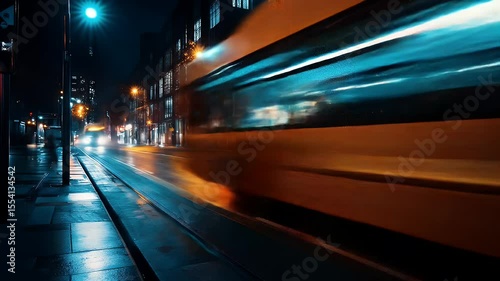 City Street at Night with Motion Blur and Wet Pavement with Bright Blue Street Lights in Urban Setting Long Exposure