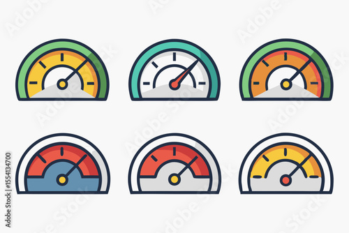Various Colored Progress Meter Icons Six different progress meter icons various colors progress meter gauge progress speedometer level indicator performance status progress bar measurement icon