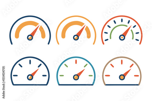 Various Colored Progress Meter Icons Six different progress meter icons various colors progress meter gauge progress speedometer level indicator performance status progress bar measurement icon