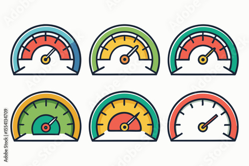Set of Colorful Progress Indicators Six different progress meter icons various color stages progress meter progress indicator gauge speedometer performance status level progress bar color