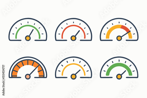 Various Progress Meter Gauge Icons Six different progress meter gauge icons showing various levels progress progress meter gauge progress level performance status icon graphic illustration