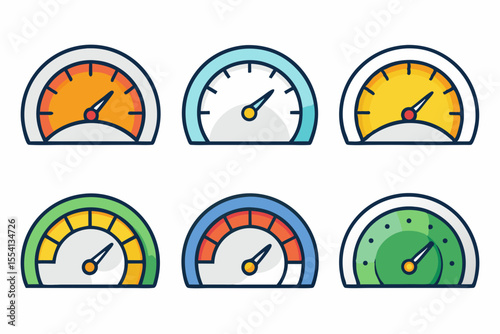 Various Colorful Car Gauge Icons Six different colored car gauges showing various levels car gauge speedometer fuel gauge gauge icons car icons vehicle gauge speedometer