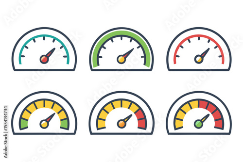 Various Progress Meter Gauge Icons Six progress meter gauges showing different levels progress performance progress meter gauge performance meter progress indicator progress bar status indicator