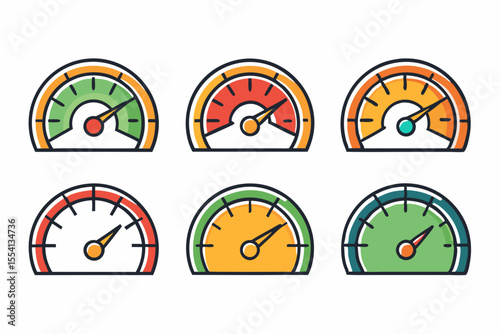 Various Colored Progress Meter Icons Six different progress meter icons various colors progress meter gauge progress speedometer level indicator performance status progress bar measurement icon