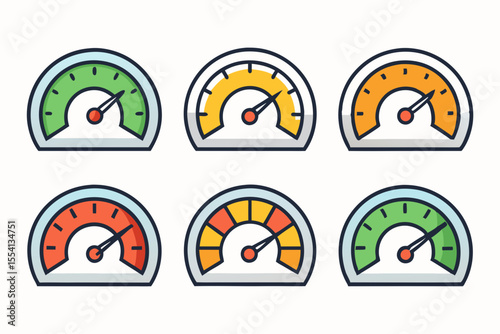 Various Colored Gauge Icons Six different colored gauge icons showing various levels progress performance gauge meter progress performance level indicator icon speedometer progress bar status