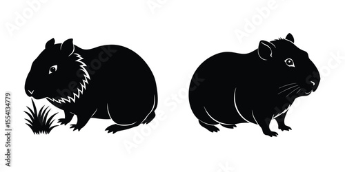 Guinea Pig Sniffing Grass Flat Silhouette on White Background