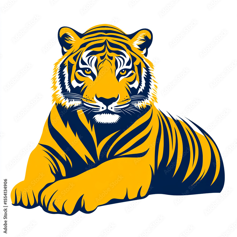 Obraz premium A striking, stylized illustration of a tiger sitting calmly, with its signature orange and black stripes, set against a pristine white background.