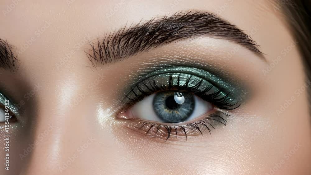 Close Up of Woman Eye with Green Eyeshadow and Textured Skin for Beauty Makeup Aesthetic Close Up of Woman Eye with Green Eyeshadow and Textured Skin for Beauty Makeup Aesthetic
