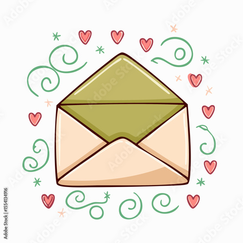 whimsical olive-ink outlined envelope with dusty rose flap and tiny accents
