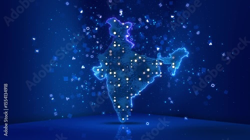 Map of India. Wire frame 3D polygonal network line Cyber digital India country global tech and innovation, Concept stock market economy. satellites program track location virtual space Indian Rupee