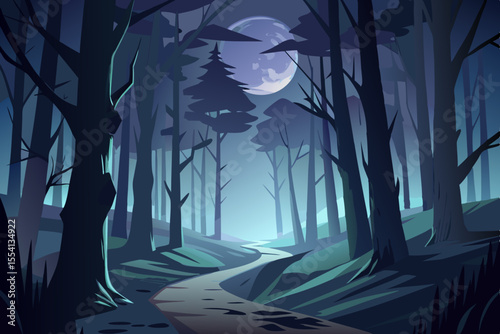 Mysterious Moonlight Forest Path stylized illustration path winding through dark forest night lit full moon forest path moonlight night trees landscape illustration nature fantasy spooky
