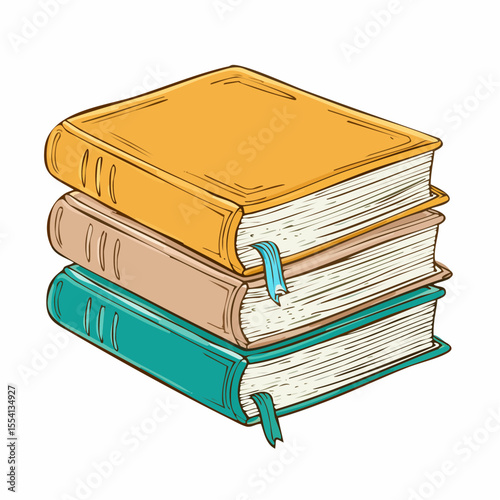 three tilted books in sepia outlines with alternating dusty-rose and muted teal spines