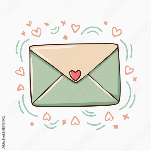 mail envelope icon with olive-ink outline and dusty-rose flap surrounded by tiny decorative elements