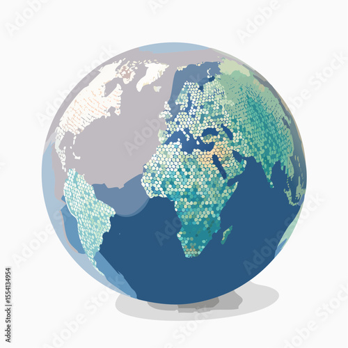 mosaic globe outline composed of 2500 tiny cobalt isosceles triangles

