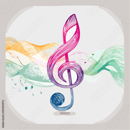 hand-sketched treble clef with pastel pea-green waves inside fuchsia pen loops