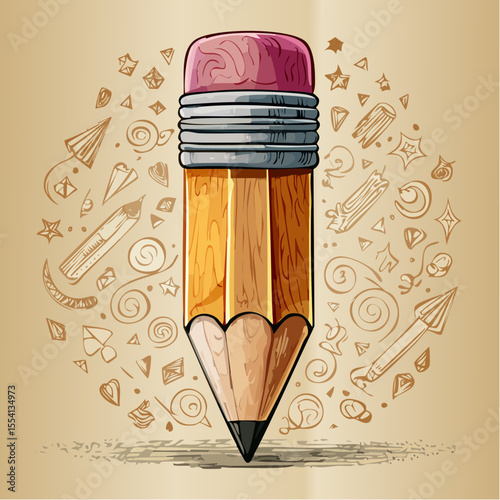 oversized sketch-style pencil with mustard-striped wooden shaft and sepia outline