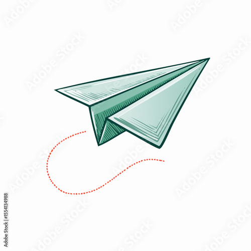 sketched paper airplane in charcoal lines with coral hatch fold edges in mid-flight