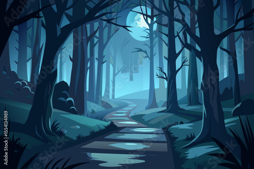 Mysterious Moonlight Forest Path path winds through dark misty forest under full moon forest path moonlight night trees misty dark landscape illustration nature woods spooky