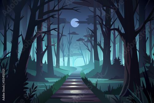 Moonlight Path Through a Mysterious Forest path steps leads into dark misty forest night under full moon forest night moon path steps misty dark trees