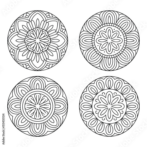 Four mandala patterns isolated on white background in a complex design