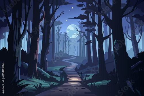 Moonlight Path Through a Dark Forest winding path through dense forest night under full moon forest night moon path trees nature landscape illustration fantasy dark