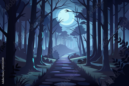 Mysterious Moonlight Path Through a Dark Forest stylized illustration path winding through dense forest night bathed the soft glow the moon forest path moonlight night