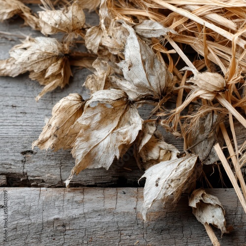 Dried hop plants on rustic wooden surface