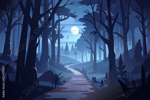 Silhouette Forest Path at Night winding path through dark forest night under full moon forest path night moon trees landscape illustration silhouette nature woods dark