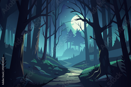 Mystical Night Forest Path Under Moonlight stylized illustration dark forest path night lit full moon forest night moon path trees illustration landscape nature fantasy dark