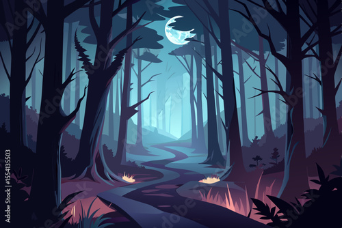 Mystical Moonlight Forest Path path winds through dark misty forest night illuminated crescent moon forest path moonlight night trees landscape nature illustration fantasy misty moon