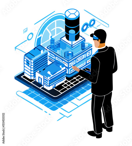 Vector of technicians and engineers meeting to discuss machine improvement and maintenance planning in conference room. vector illustration of business people working on computers and laptops.
